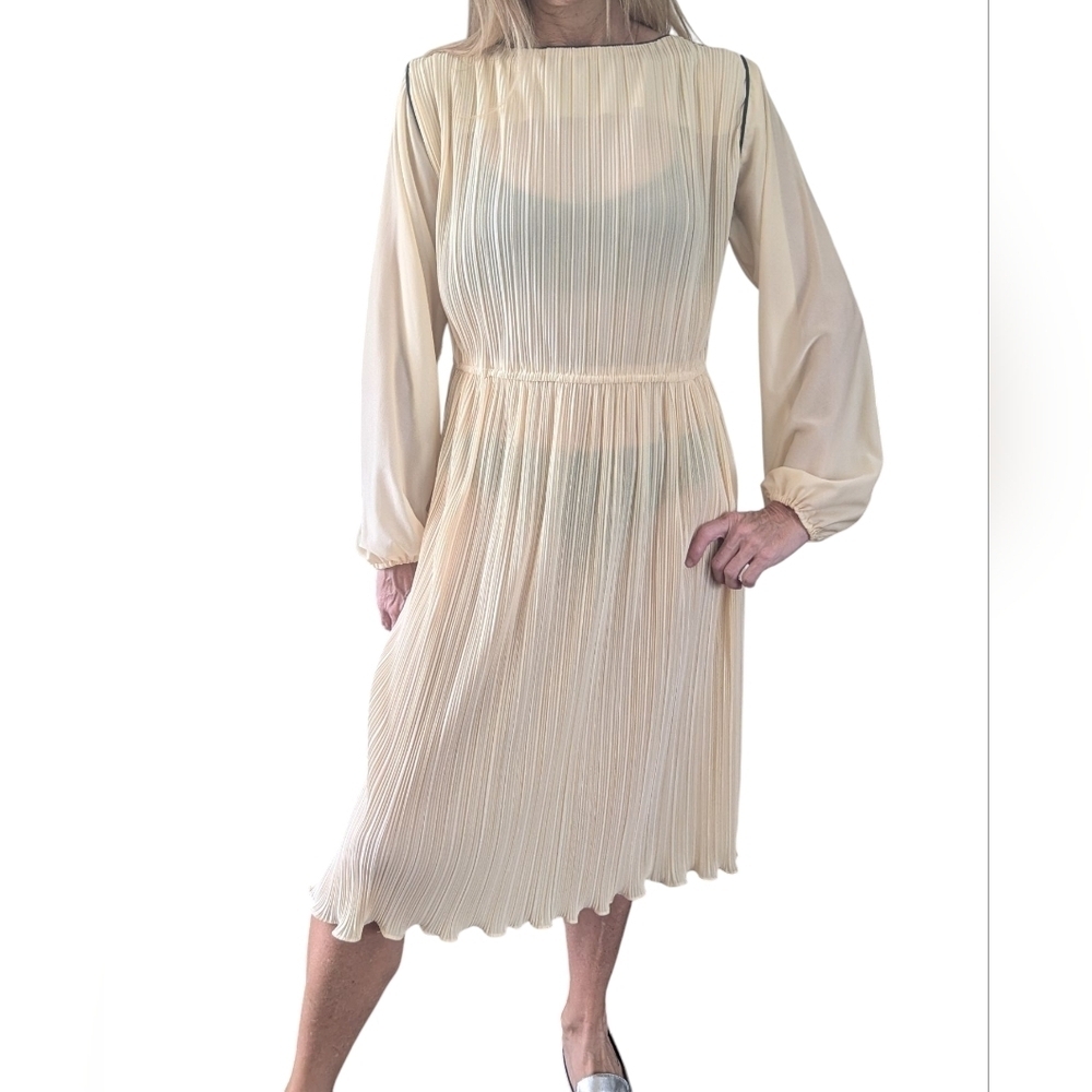 Vintage Hal Ferman Butter Yellow Pleated Midi Dress Petite Late 70s